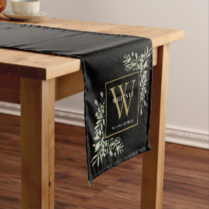 Black Gold Monogram Elegant Modern Greenery Short  Table Runner