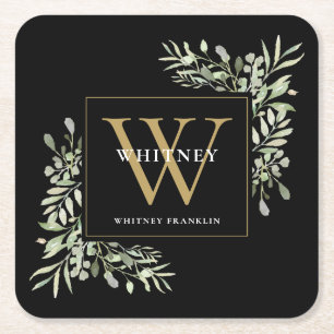 Black Gold Monogram Elegant Modern Greenery Square Paper Coaster