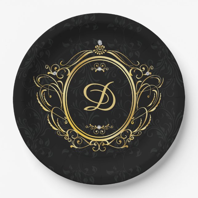 Black gold Monogram elegant Paper Plate (Front)