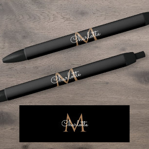 Black Gold Monogram Elegant Stylish Script Ink Pen