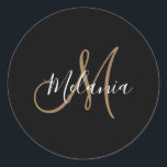 Black Gold Monogram Elegant Stylish Script Name   Classic Round Sticker<br><div class="desc">Black Gold Monogram Elegant Stylish Script Name Classic Round Sticker</div>
