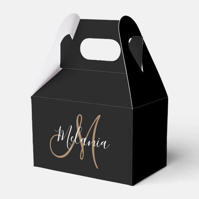  Black Gold Monogram Elegant Stylish Script Name  Favour Box (Front Side)