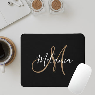  Black Gold Monogram Elegant Stylish Script Name  Mouse Pad