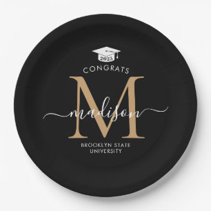 Black Gold Monogram Graduate Cap Party Graduation Paper Plate