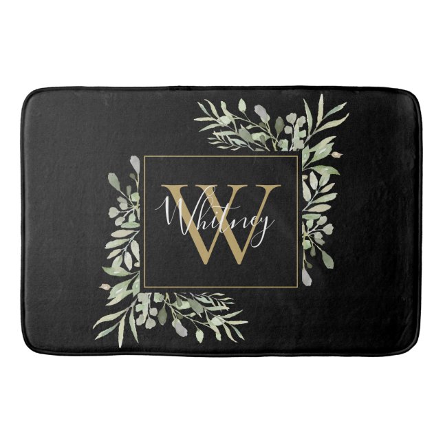 Black Gold Monogram Greenery Floral Bath Mat (Front)
