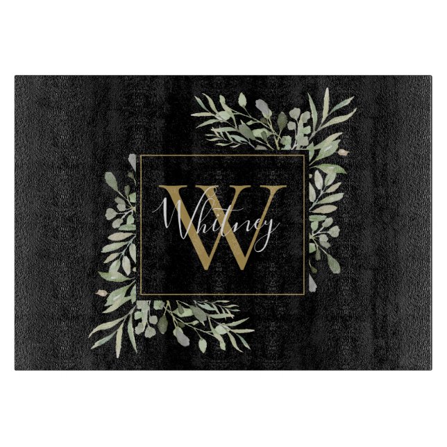 Black Gold Monogram Greenery Floral Cutting Board (Front)