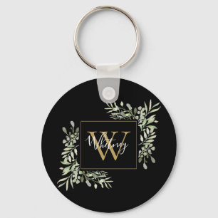 Black Gold Monogram Greenery Floral Key Ring