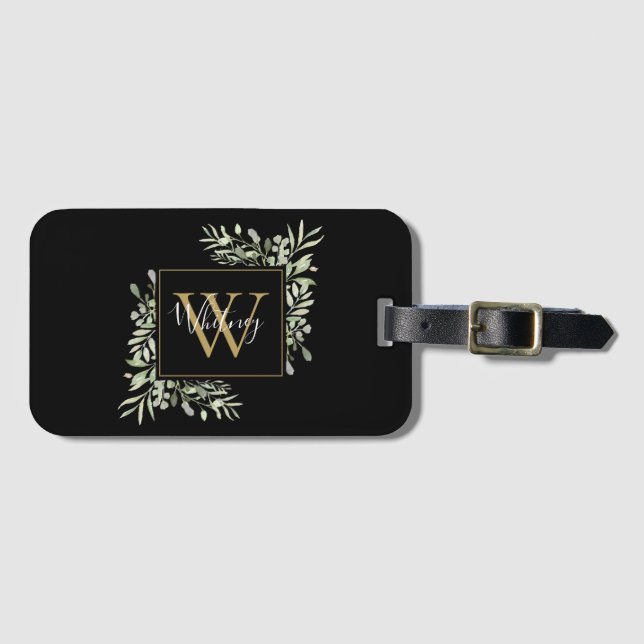 Black Gold Monogram Greenery Floral Luggage Tag (Front Horizontal)