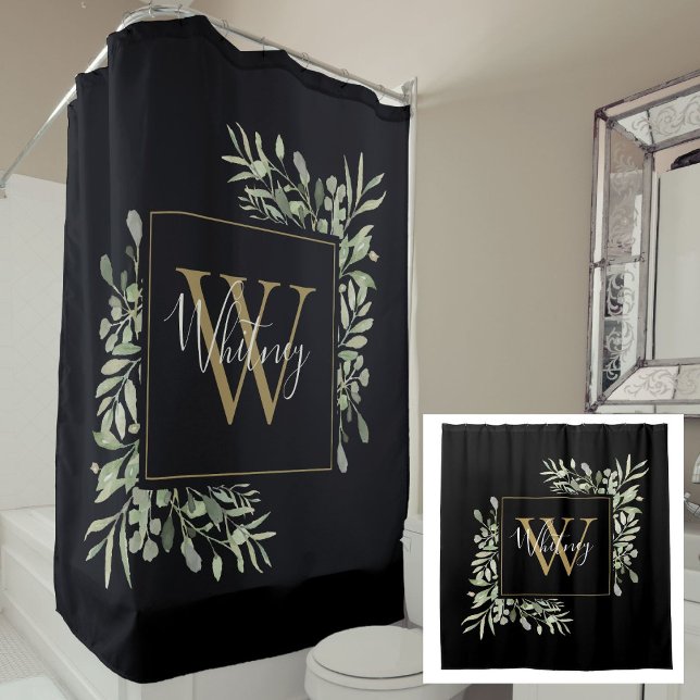 Black Gold Monogram Greenery Floral  Shower Curtain (Black Gold Monogram Greenery Floral Shower Curtain)