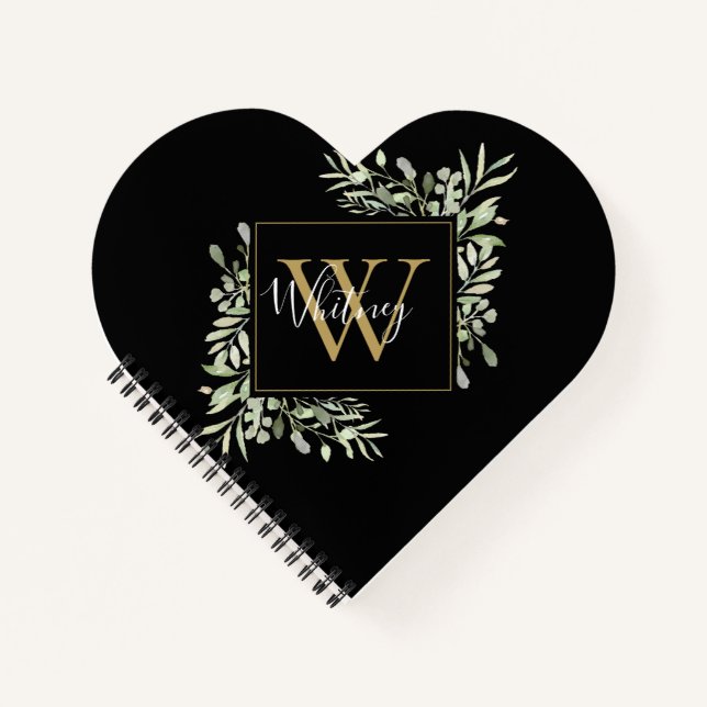 Black Gold Monogram Greenery Notebook (Front)