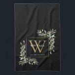 Black Gold Monogram Greenery Watercolor Leaves Kit Tea Towel<br><div class="desc">Elegant watercolor greenery leaves monogram name kitchen towel featuring a gold monogram initial with your name set in a modern white text on a chic black background. Designed by Thisisnotme©</div>