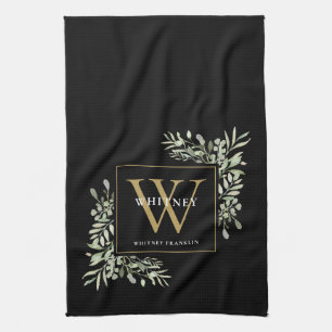 Black Gold Monogram Greenery Watercolor Leaves Kit Tea Towel