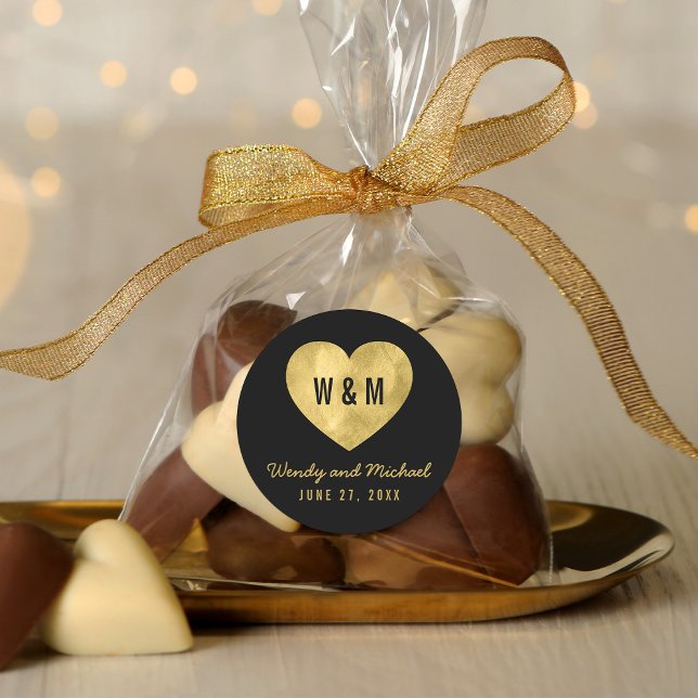 Black & Gold Monogram Heart Wedding Save the Date Classic Round Sticker (Creator Uploaded)