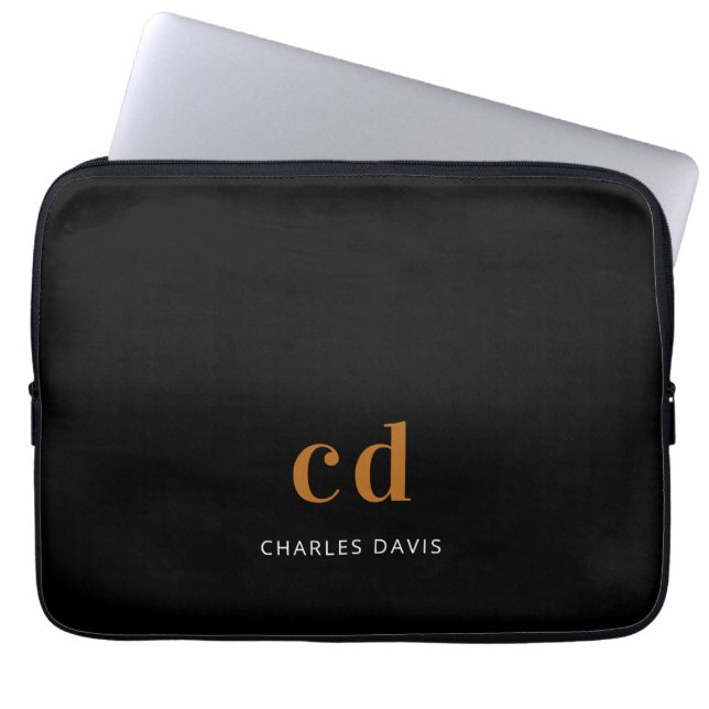 Black gold monogram initails name minimalist laptop sleeve (Front)