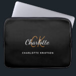 Black gold monogram initails name script laptop sleeve<br><div class="desc">A classic chic black background. Personalise and add your first name,  monogram initials and full name. The first name is written with a modern hand lettered style script. Modern,  trendy and simple.</div>