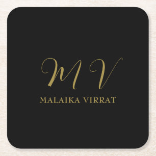 Black Gold Monogram Initial Letter Luxury Name Square Paper Coaster