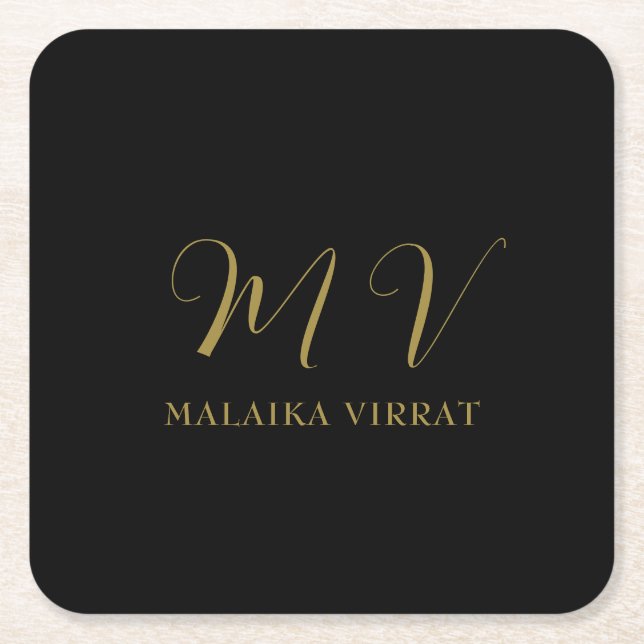 Black Gold Monogram Initial Letter Luxury Name  Square Paper Coaster (Front)