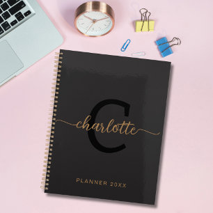 Black Gold Monogram Initial Name Minimalist 2024  Planner