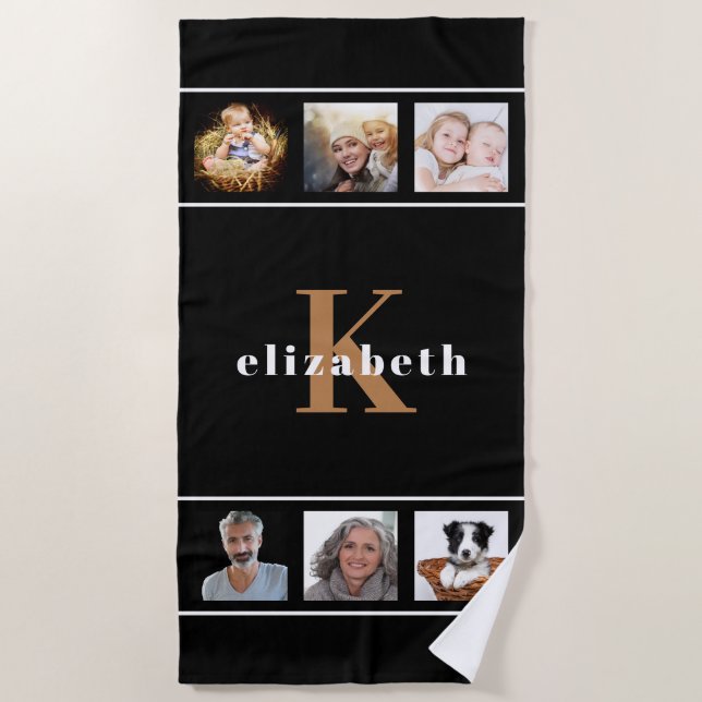 Black gold monogram initial photo collage modern beach towel (Front)
