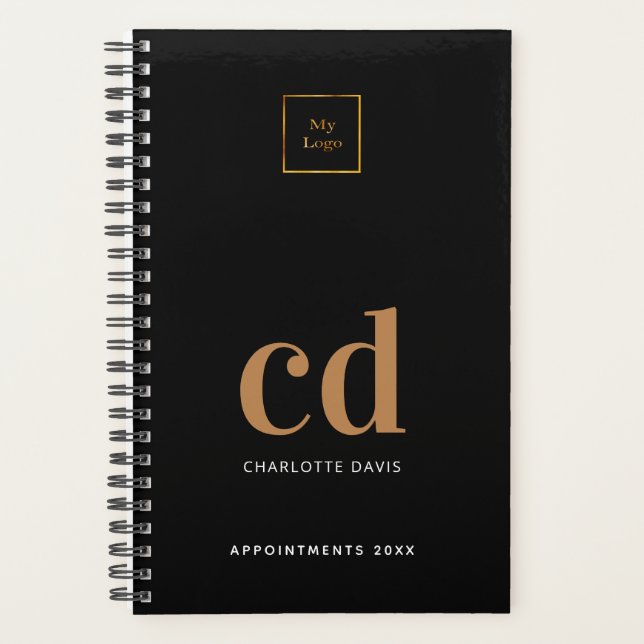 Black gold monogram initials business logo planner (Front)