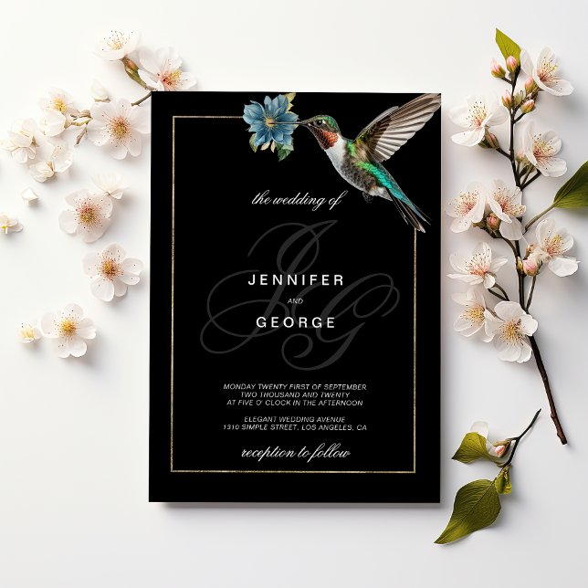 Black gold monogram initials hummingbird wedding  invitation (Black gold monogram initials hummingbird wedding)