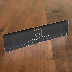 Black gold monogram initials minimalist nameplate