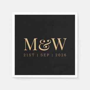 Black Gold Monogram Initials Modern Wedding Napkin