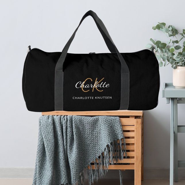 Black gold monogram initials name duffle bag (Creator Uploaded)