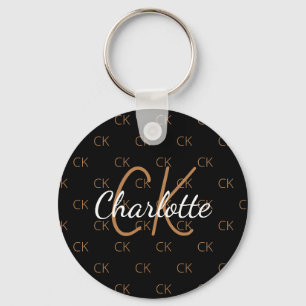 Black gold monogram initials name  key ring
