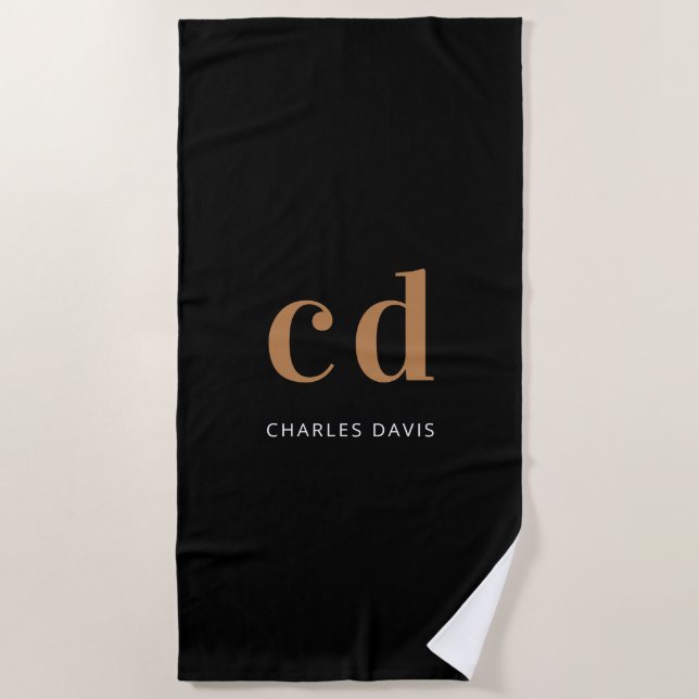 Black gold monogram initials name minimalist beach towel (Front)