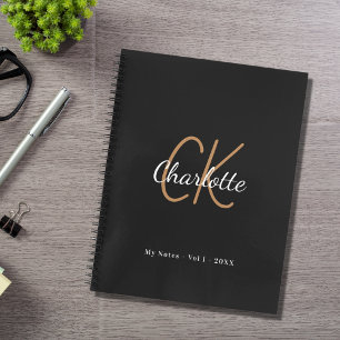 Black gold monogram initials name minimalist diary notebook