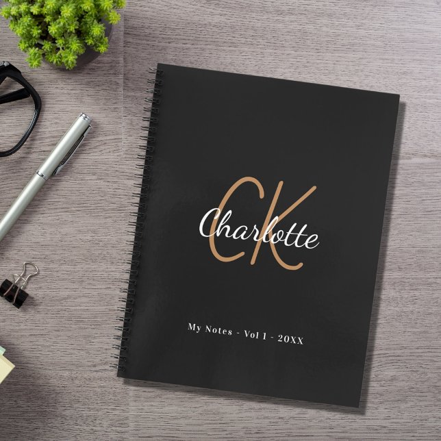 Black gold monogram initials name minimalist diary notebook (Creator Uploaded)