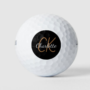 Black gold monogram initials name minimalist golf balls