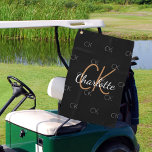 Black gold monogram initials name minimalist golf towel<br><div class="desc">A stylish black background,  golden,  white and grey text. Personalise and add your monogram initials and name.  The name is written with a modern hand lettered style script. Your monogram initials as background pattern.</div>