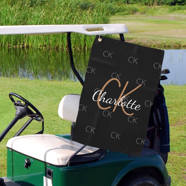 Black gold monogram initials name minimalist golf towel (Creator Uploaded)