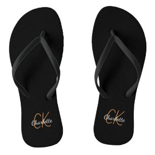 Black gold monogram initials name minimalist jandals