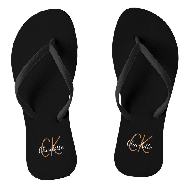 Black gold monogram initials name minimalist jandals (Footbed)