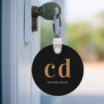 Black gold monogram initials name minimalist key ring<br><div class="desc">Black background,  golden and white text. Personalize and add your monogram initials and name.  For both him and her.</div>