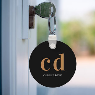 Black gold monogram initials name minimalist key ring