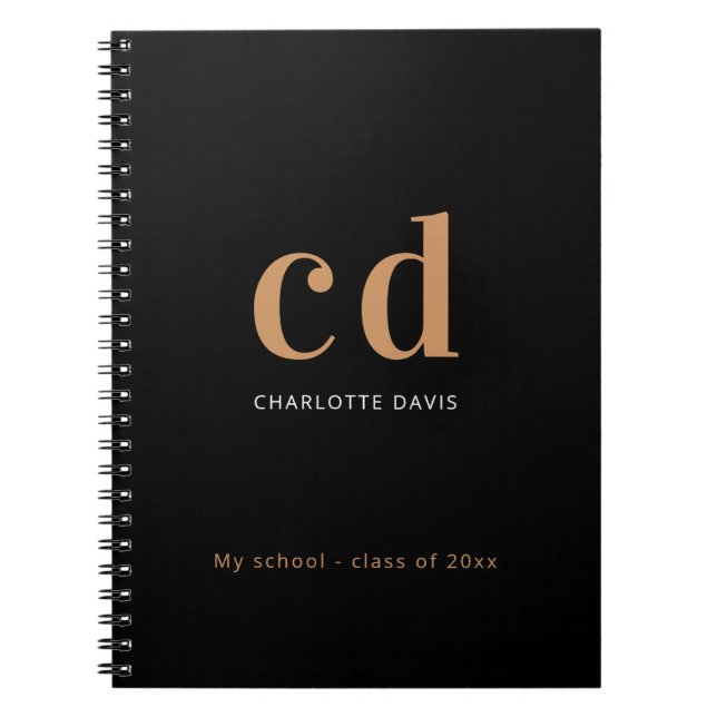 Black gold monogram initials name minimalist  notebook (Front)