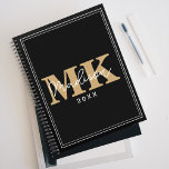 Black gold monogram initials name minimalist  planner<br><div class="desc">Black background and white text. Personalise and add your monogram initials,  name,  and year.</div>