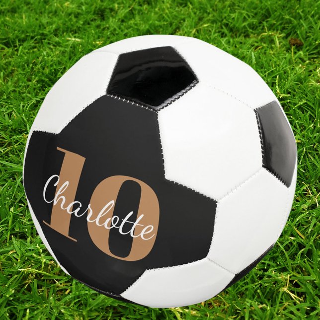 Black gold monogram initials name number soccer ball (Creator Uploaded)