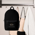Black gold monogram initials name printed backpack<br><div class="desc">Black background,  white and golden text. Personalise and add your first name,  monogram initials and full name.</div>