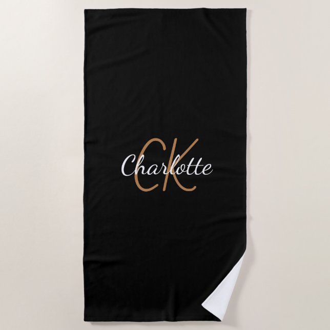 Black gold monogram initials name script beach towel (Front)