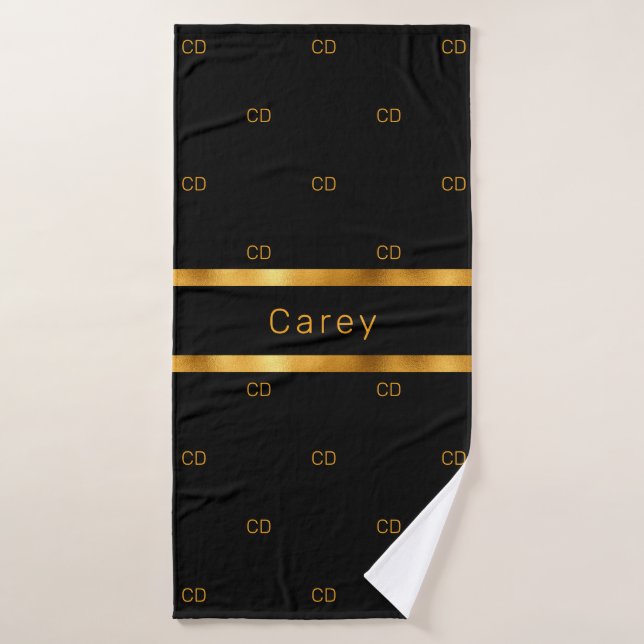Black gold monogram initials pattern name bath towel (Bath Towel)