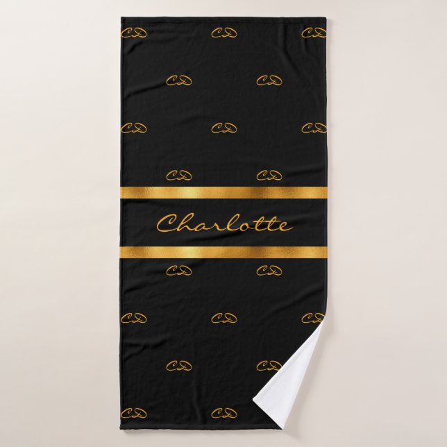 Black gold monogram initials pattern name script bath towel (Bath Towel)