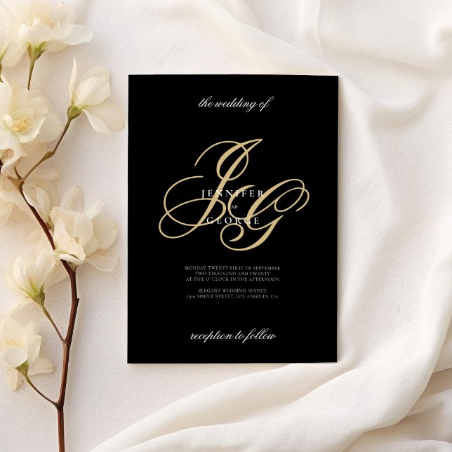 Black gold monogram initials romantic wedding invitation (Black gold monogram initials romantic wedding)