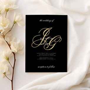 Black gold monogram initials romantic wedding invitation
