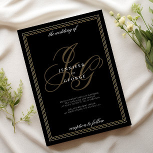 Black gold monogram initials romantic wedding invitation