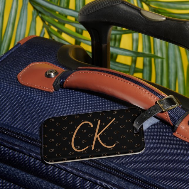 Black gold monogram initials script elegant luggage tag (Front Insitu 3)